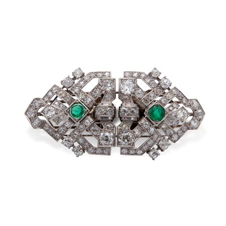 Spilla art decò in oro, brillanti e smeraldi
