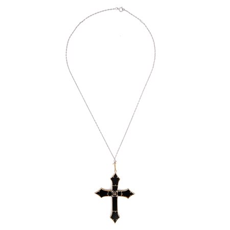 Pendente a croce art decò, oro brillanti onice e perle
