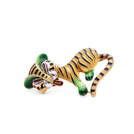 Spilla a tigre degli anni '50 in oro e smalti