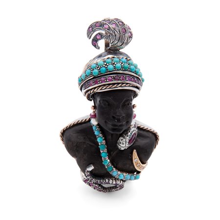 Pendente moretto in ebano rubini, perle e turchese