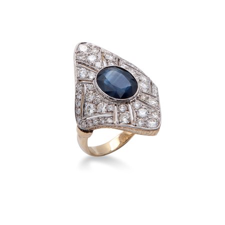 Anello di linea a marquise degli anni '70 in oro, brillanti e zaffiro centrale