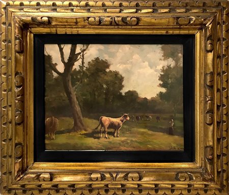 Lorenzo Delleani (Pollone 1840-Torino 1908) - Dipinto raffigurante scena bucolica con mucche su paesaggio, Inizi 20° Secolo