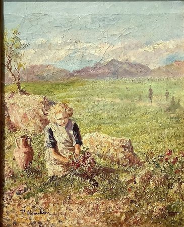 Plinio Nomellini (Livorno 6 agosto 1866-Firenze 8 agosto 1943) - Dipinto raffigurante "Paesaggio con figura di ragazza" , Fine 19° Secolo