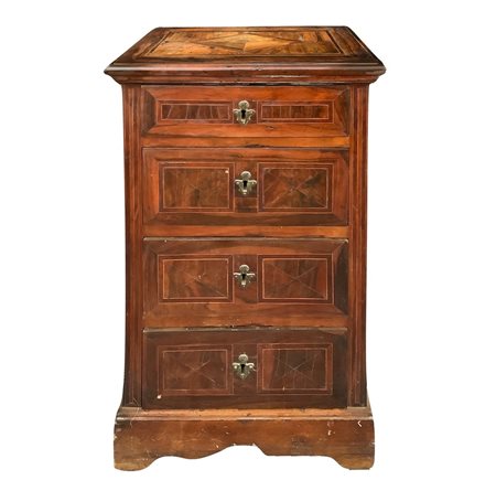 Cassettoncino a quattro cassetti in legno di noce ed intarsi a losanga , XVIII Secolo