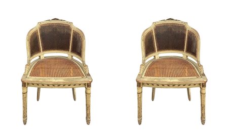 DUE POLTRONCINE LACCATE CON SPALLIERA E PIANO IN PAGLIA DI VIENNA, 19° Secolo