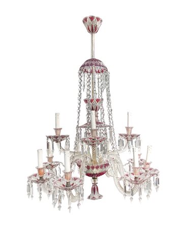 Baccarat - Importante ed elegante lampadario in cristallo trasparente e bordeaux, a 12 luci, 19° Secolo