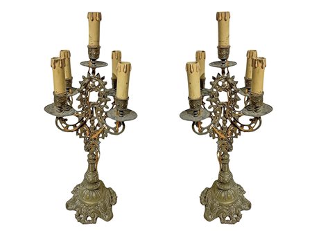 Candelabri da tavolo a cinque luci in ottone dorato, 19° Secolo