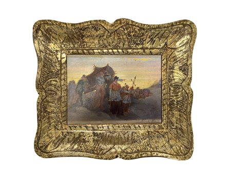 Dipinto raffigurante processione con prete in piccola cornice a vassoio di legno dorato, 19° Secolo