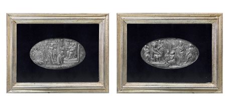 Coppia di placche ovali in argento, sbalzato a mezzo tondo con raffigurazioni di scene bibliche., XVIII Secolo