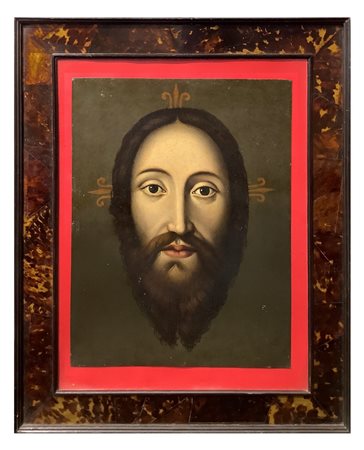 Dipinto raffigurante volto di Gesù in cornice di tartaruga antica, 19° Secolo