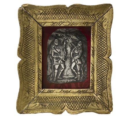 Placca in argento raffigurante i Santi Cosma e Damiano in cornice a vassoio dorato , Fine 18° Secolo