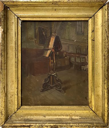 Barone Giuseppe (Militello in Val di Catania 2 ottobre 1887-Catania  3 gennaio 1956) - Dipinto raffigurante leggio da terra all'interno di una chiesa, 1916