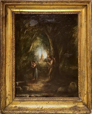 Dipinto raffigurante giovani personaggi in un bosco in cornice antica di legno dorata, 19° Secolo