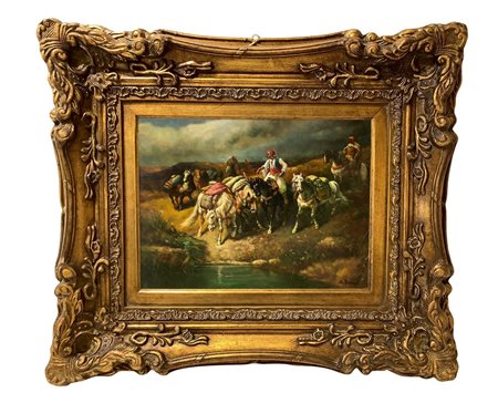 Alberto Pasini (Italian 1826-1899) - Dipinto olio su tavola raffigurante cavalli in scena orientalista, firmato in basso a destra A. Pasini, cm. 30 x 40 in cornice 60 x 70.