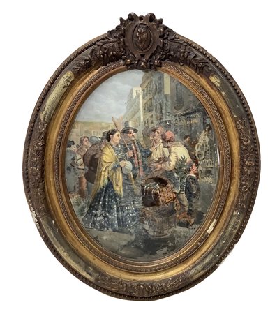 Ovale raffigurante scene di mercato popolare, 19° Secolo