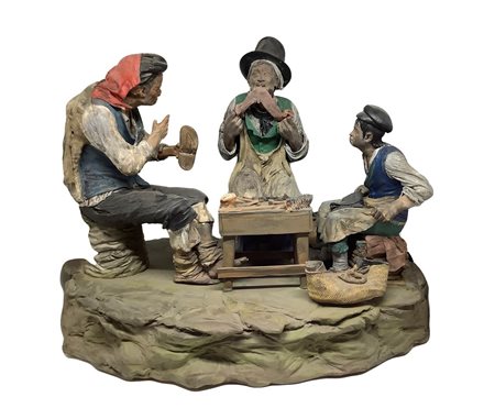 Bongiovanni Vaccaro (Caltagirone 1807-Caltagirone 28 novembre 1889) - Gruppo in ceramica di Caltagirone composto da tre figure, ciabbattini al lavoro.