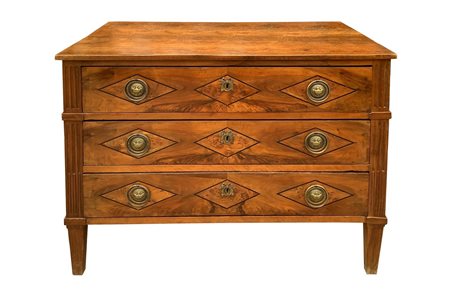 Cassettone tardo Luigi XVI a tre cassetti in legno di noce con fronte in radica con disegni a losanga e angoli Finerali a lesene, 19° Secolo