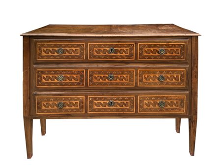 Cassettone tardo Luigi XVI in legno di noce a tre cassetti con fronte con intarsi a gelsomino e perfili in legno di bosso, 19° Secolo