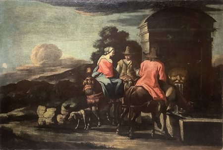 Il Bamboccio Pieter Bodding Van Laer (attribuito_a) (Christened 1599-Haarlem 1641 ca) - Cavalli e cavalieri alla fonte, Fine '600 / Inizi' 700