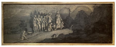 Dipinto sovraporta nei toni del grigio raffigurante Mosè che fa scaturire le acque dalla roccia , XVIII Secolo