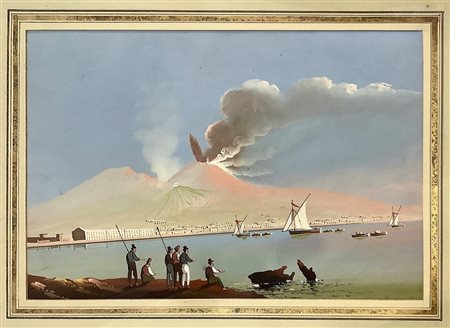 Dipinto raffigurante barche e personaggi con vulcano sullo sfondo, Fine 19° Secolo
