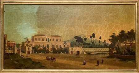 Dipinto raffigurante villa con personaggi , 19° Secolo