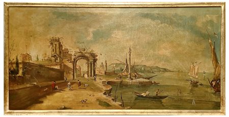 Dipinto sovraporta raffigurante paesaggio marino con resti archeologici