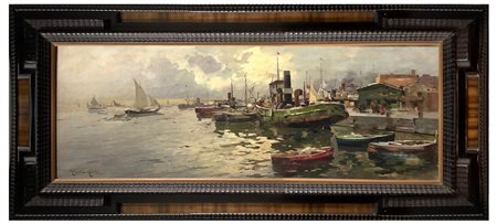 Olio su tela raffigurante barche in porto