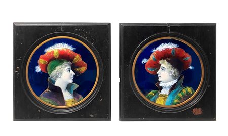 Coppia di smalti su rame policromi limoges di forma rotonda raffiguranti personaggi., XVIII Secolo