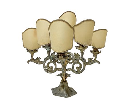Piccolo candelabro adattato a lampada da tavolo a 6 luci in ottone dorato, con sei ventoline, 19° Secolo