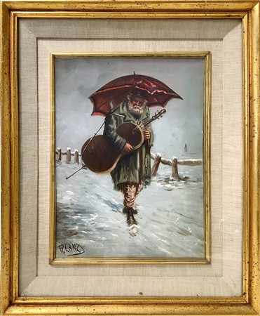 Dipinto raffigurante uomo anziano con ombrello e violoncello su paesaggio innevato