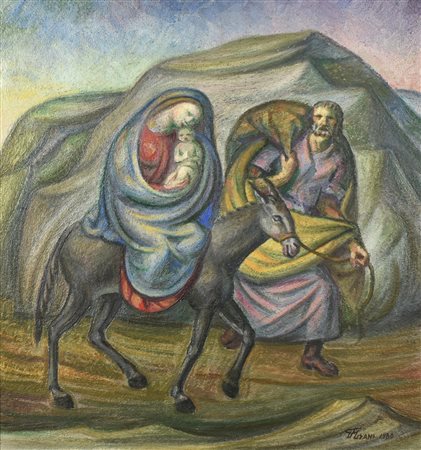 Giovanni Misani FUGA IN EGITTO affresco, cm 91x88 firma e data sul retro:...