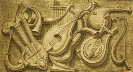 Giovanni Misani STRUMENTI MUSICALI tecnica mista su tela, cm 60x106 firma e...
