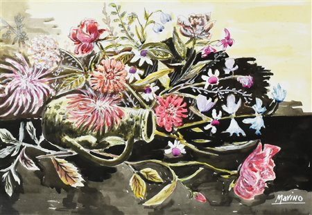 Marino COMPOSIZIONE FLOREALE tecnica mista su carta, cm 35x52 firma