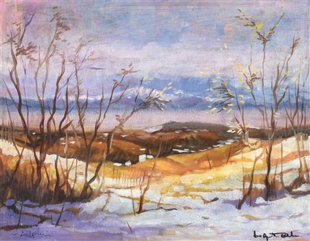 Davide De Agostini PAESAGGIO INNEVATO olio su masonite, cm 35x45 firma sul...
