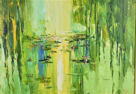 Kadac PAESAGGIO LACUSTRE olio su tela, cm 50x70 firma e data eseguito nel 1991