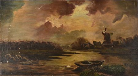 Anonimo PAESAGGIO OLANDESE olio su tela, cm 38x68 fine XIX sec Olanda L'opera...