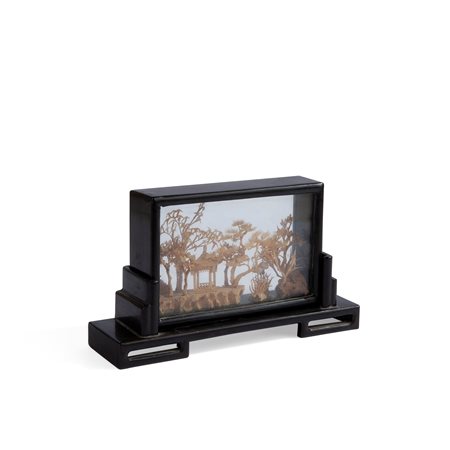 Diorama in sughero minuziosamente intagliato, Cina, metà del XX secolo