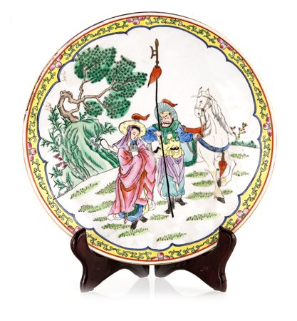 Piatto in porcellana policroma, Cina, dinastia Qing, epoca dell'imperatore Tongzhi
