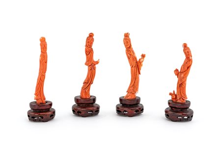 Quattro figure femminili in corallo cerasuolo, Cina, fine XIX/inizi XX secolo