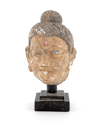 Piccola testa di Buddha in stucco policromo, arte del Gandhara