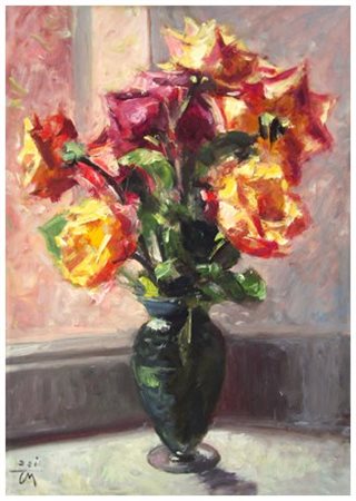 CORRADO MICHELOZZI Livorno 1883 – Livorno 1965 Rose Olio su tavola 50 x 35....