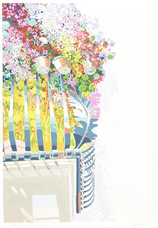 Giuseppe Grosso BALCONE FIORITO serigrafia su carta, cm 70x50; es. 33/150 firma