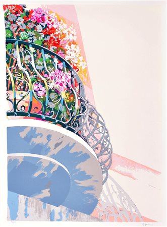 Giuseppe Grosso BALCONE FIORITO serigrafia su carta, cm 70x50; es. 58/150 firma