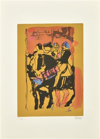 Franco Balan CAVALIERI AL CASTELLO DI FENIS serigrafia su carta ritoccata a...