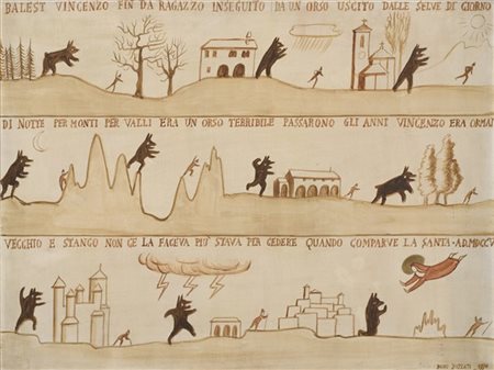 Dino Buzzati "Ex voto, L'orso inseguitore" 1970
acrilico e tecnica mista su tela