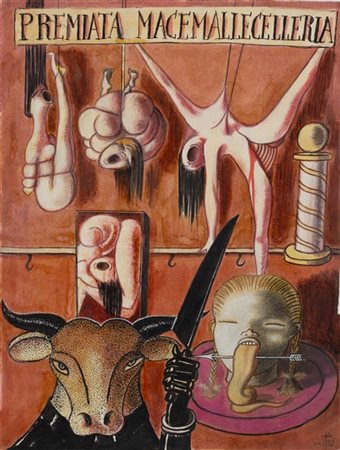 Dino Buzzati "Ucci ucci, Premiata Macemallecelleria" 1964
tecnica mista su carta