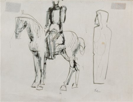 Mario Sironi "Cavallo e cavaliere e figura" 1949 circa
china acquarellata su car