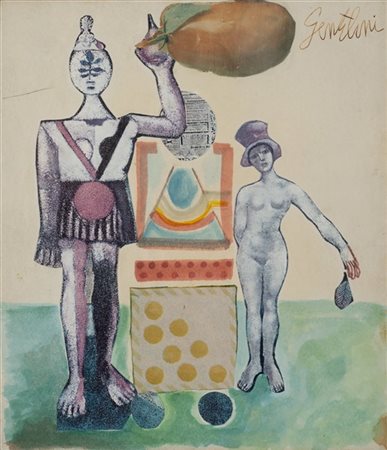 Franco Gentilini "Due personaggi" 1971
acquarello e collage su cartoncino applic