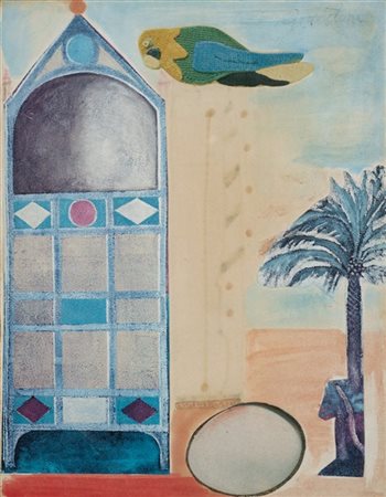 Franco Gentilini "Cattedrale con uccello" 1971
acquarello e collage su cartoncin